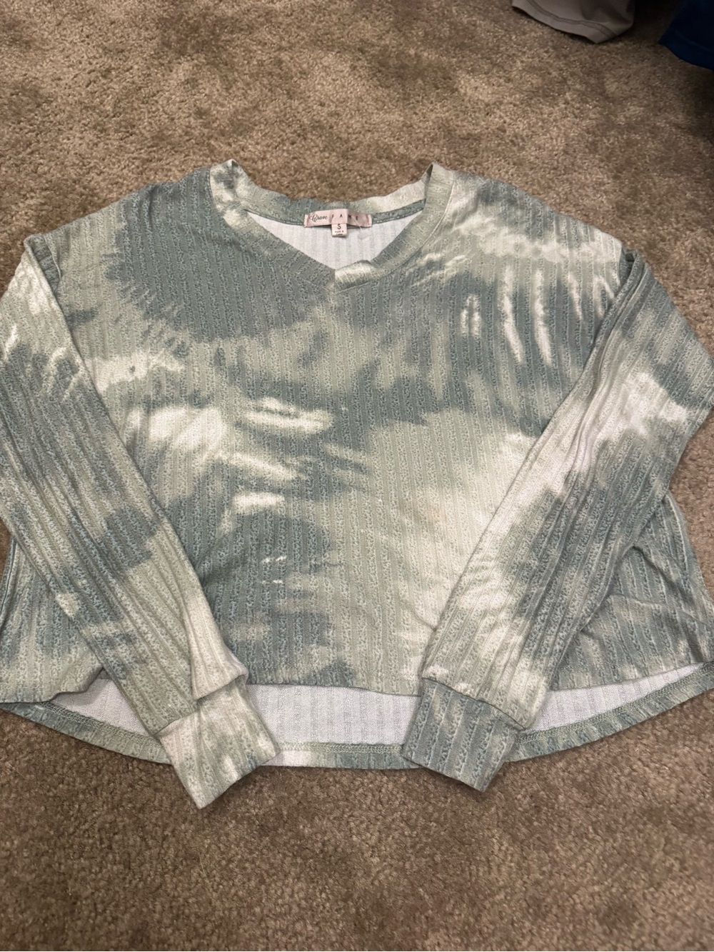 Crave Fame Ribbed V-Neck Long Sleeve Top in Sage and Cream Tie-Dye